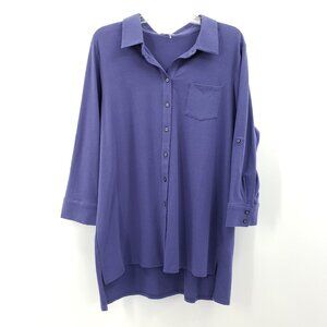 Tyler Boe Pattie Polo Button Up Shirt  XL Indigo Blue High Low Roll Tab Sleeves